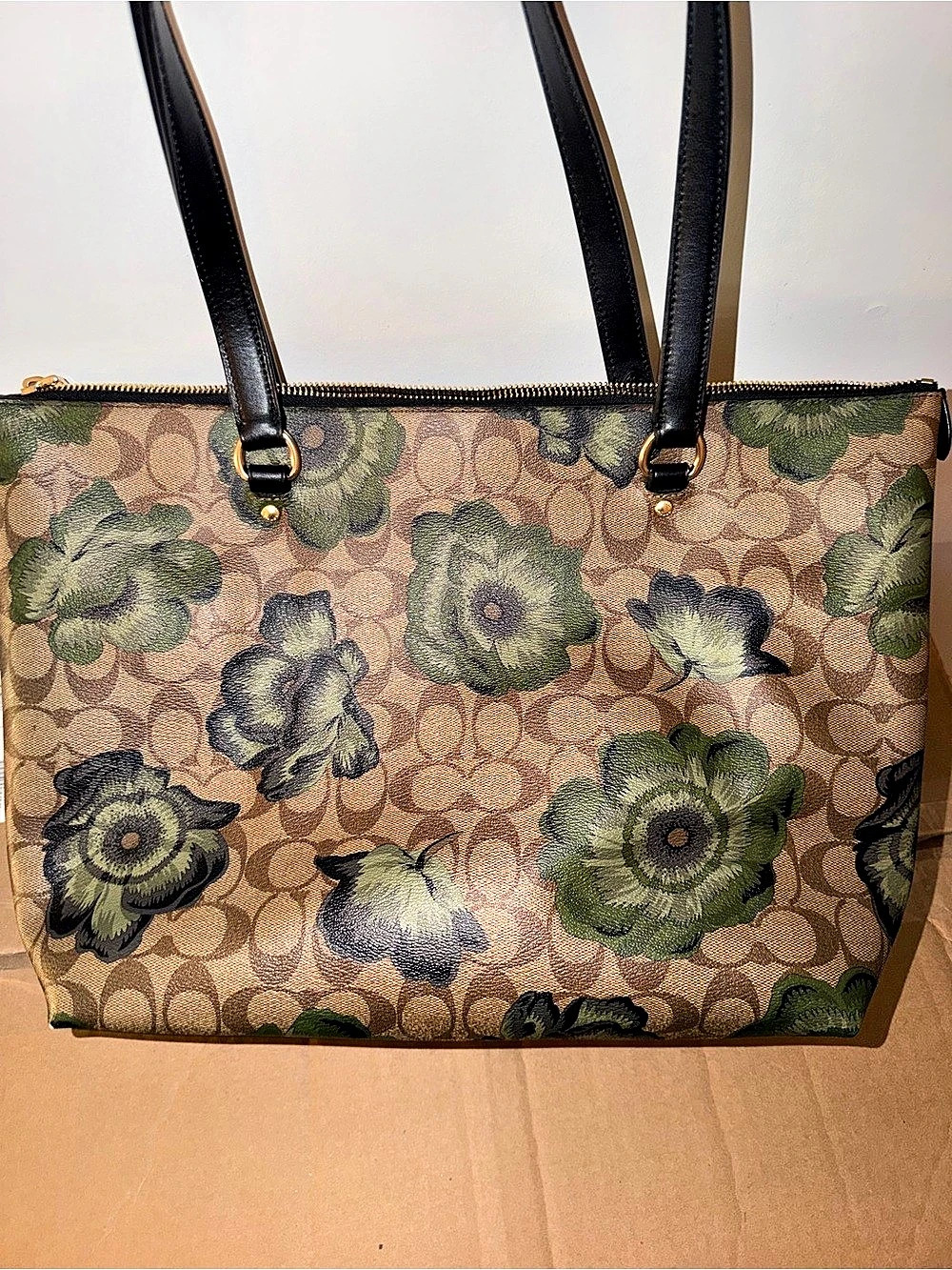 Coach Signature Floral Large Tote Bag Green Black Khaki